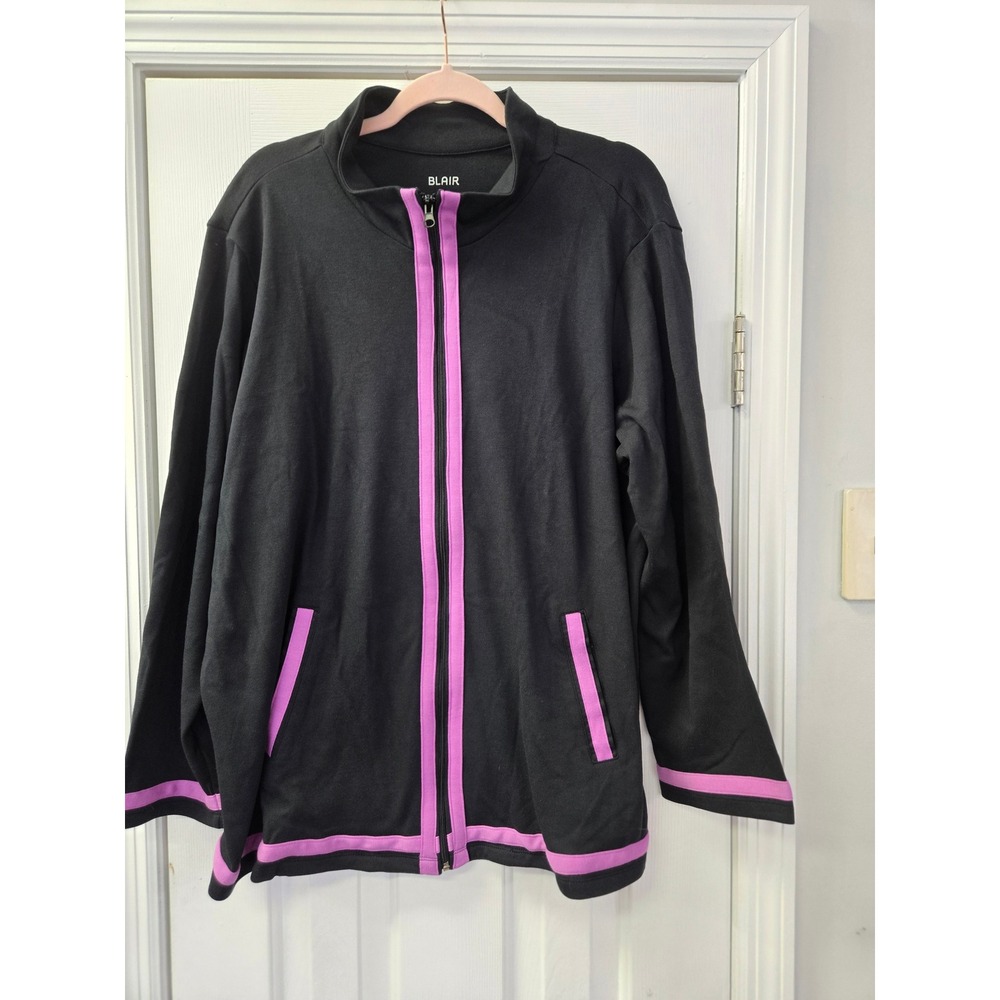 Blair Women 2XL Track Jacket Black‎ Purple Contrast Trim Full Zip Mock Neck NWOT
